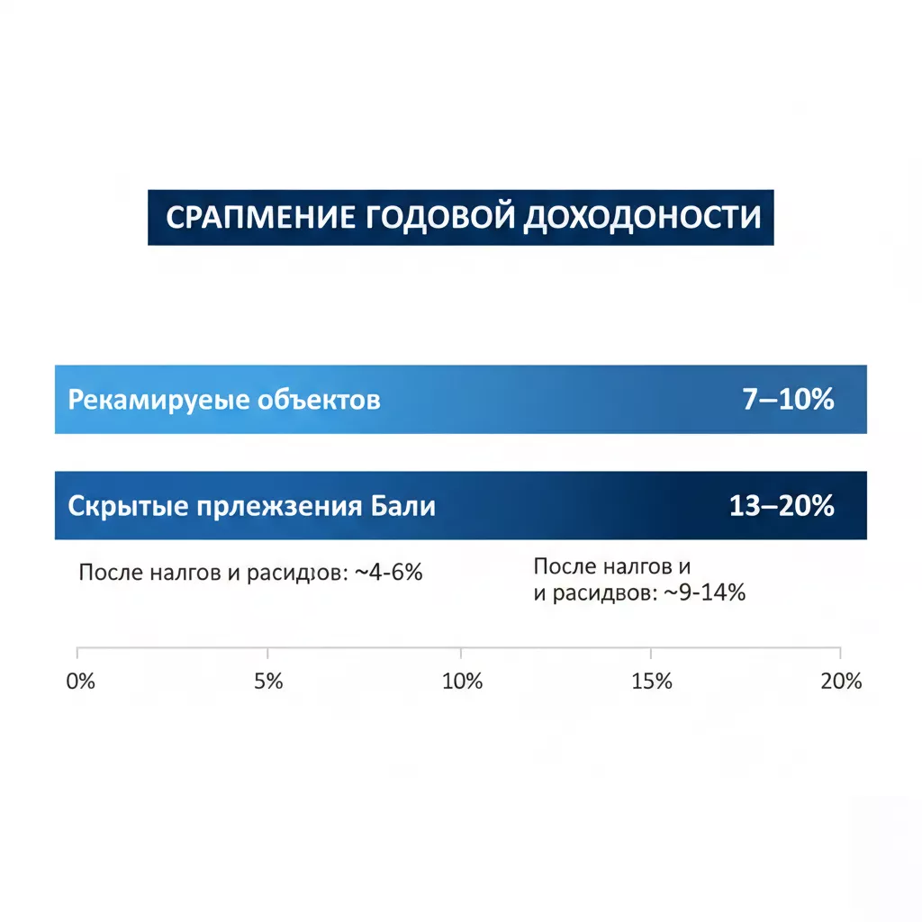 Инфографика доходности инвестиций в недвижимость Бали: 13–20% vs 7–10%