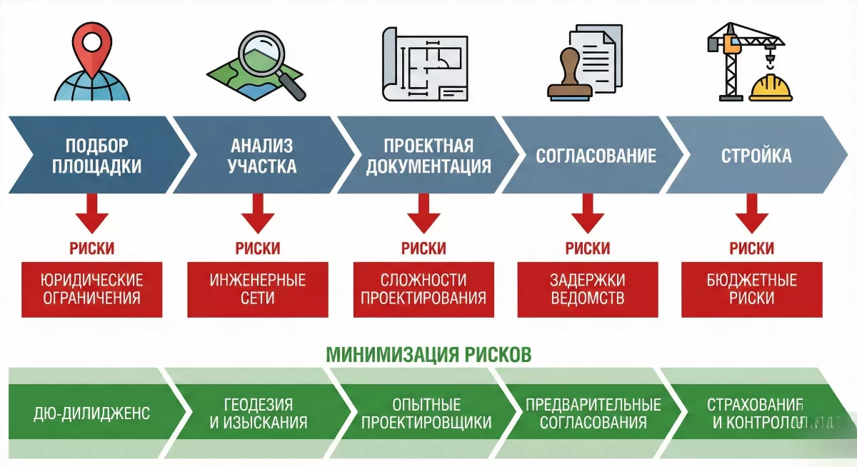 Инфографика этапов рисков девелопмента недвижимости на Бали