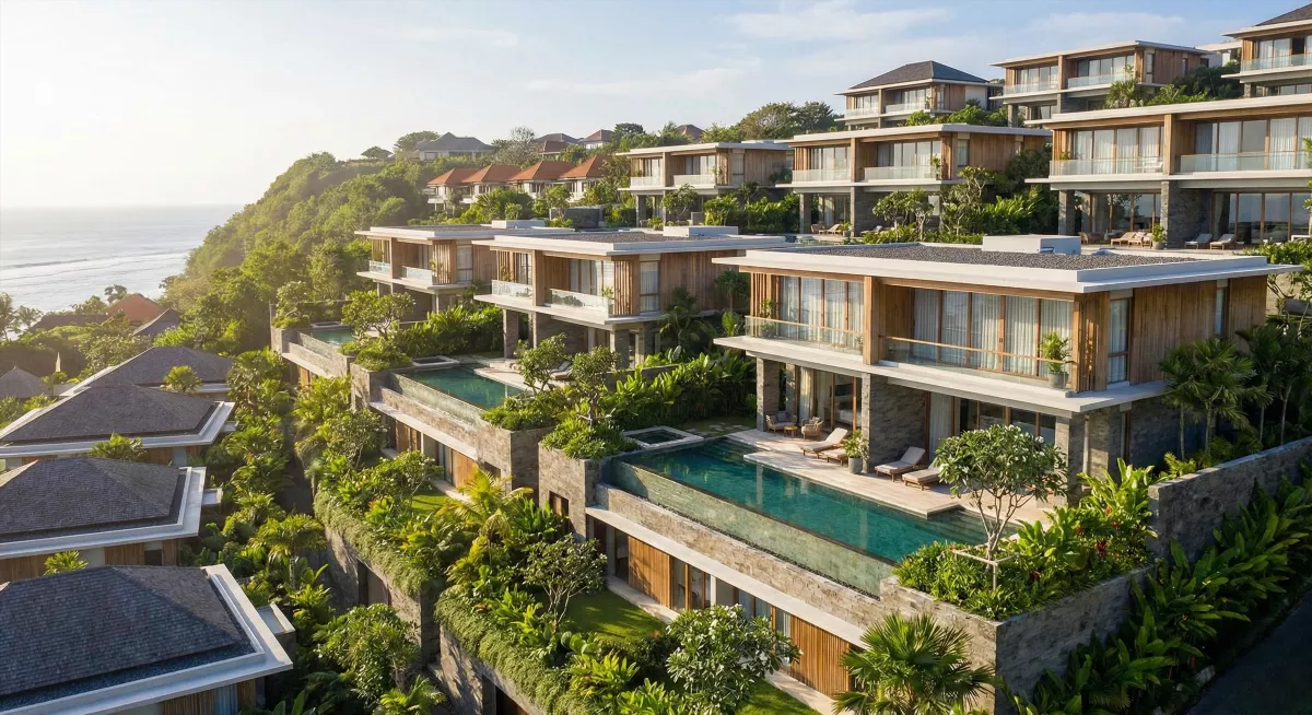 Архитектурный вид комплекса недвижимости на Бали в luxury стиле