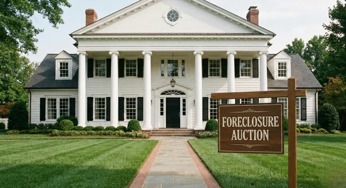 Знак аукциона foreclosure на фасаде привлекательного дома в США для инвестиций