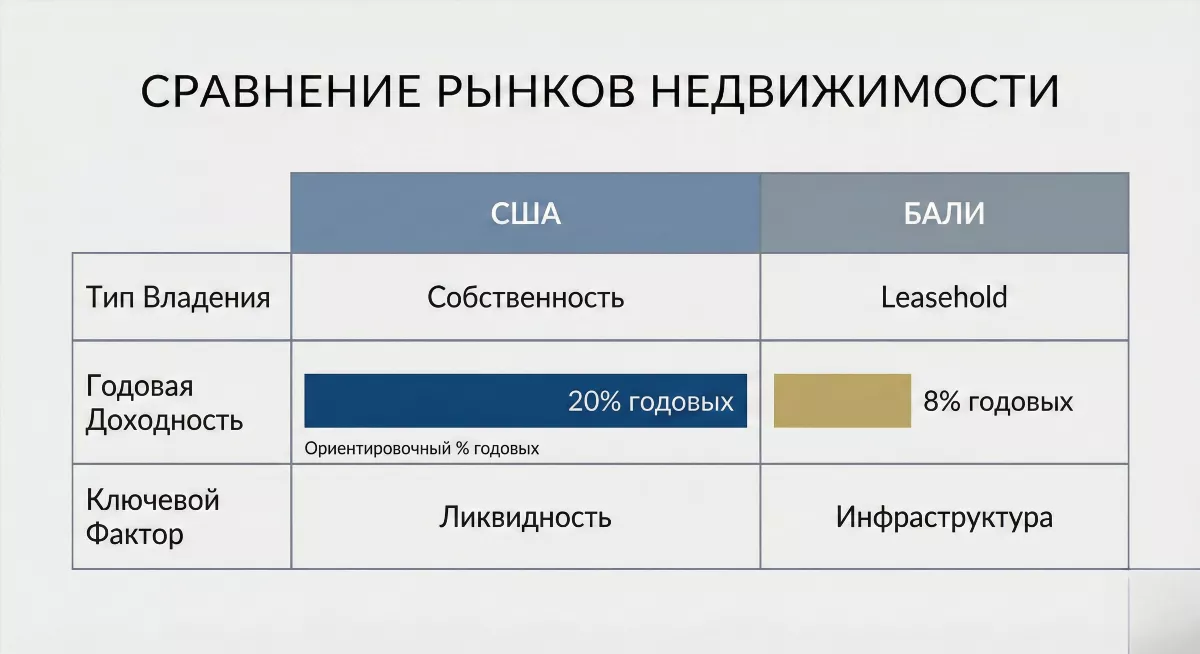 Инфографика сравнения инвестиций в недвижимость США и leasehold на Бали