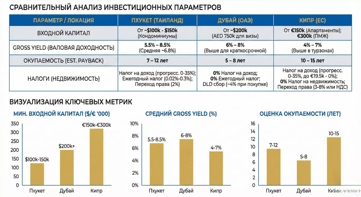 Инфографика сравнения доходности Пхукет vs Дубай и Кипр для инвесторов