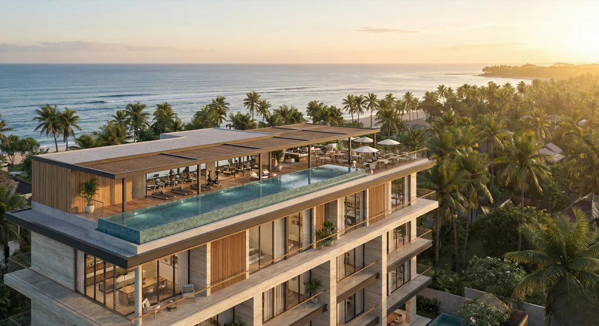 Архитектурный рендер аркейда в проекте Milashti Dream на Бали: фитнес и ресторан на крыше премиум комплекса