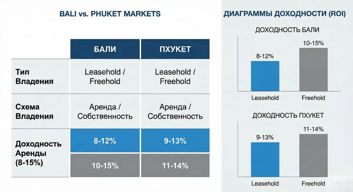 Графическая инфографика сравнения рынков Бали и Пхукет в корпоративном стиле, диаграммы доходности и прав владения