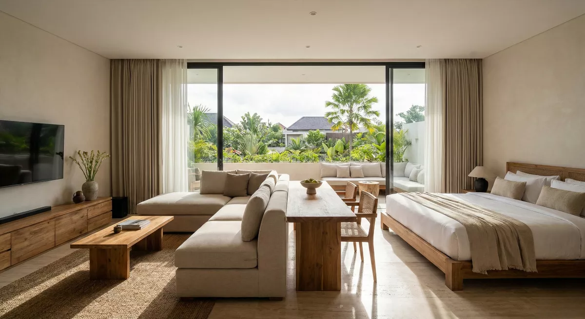 Интерьер студии Sunny Family Ubud: luxury апартаменты 44 м² для семейного отдыха на Бали