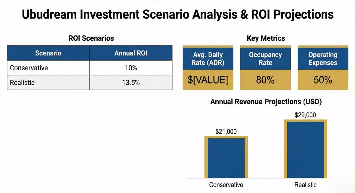 Инфографика расчета ROI 13.5% для Ubudream таунхаусов Бали, таблица доходности инвестиций