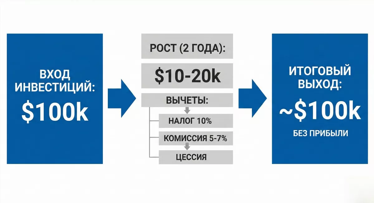 Инфографика расчёта перепродажи апартаментов на Бали без прибыли