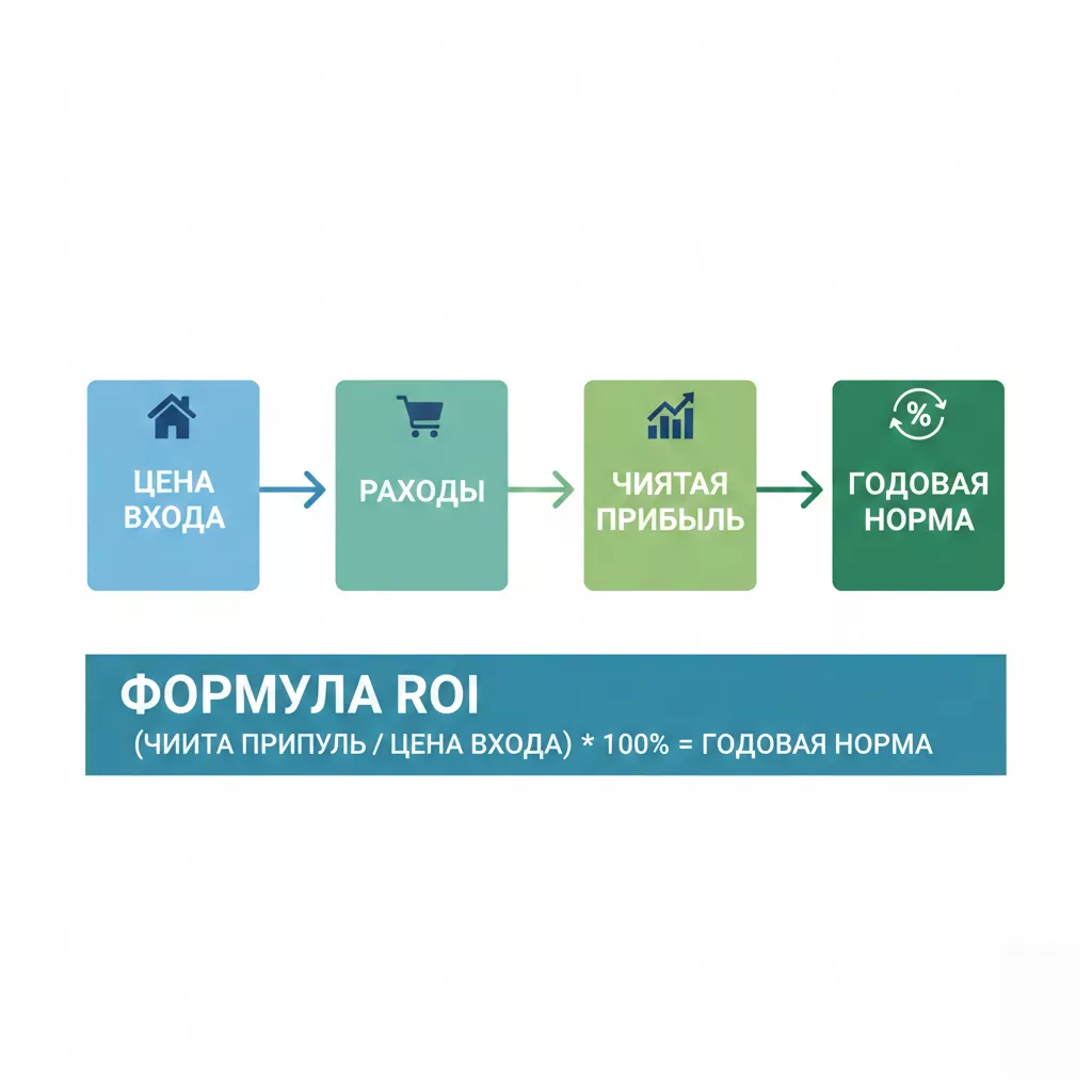 Инфографика формулы расчёта ROI для инвестиций в недвижимость на Бали