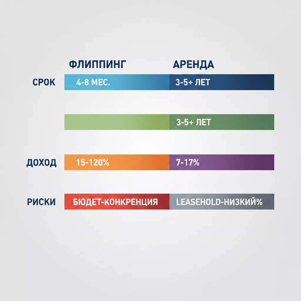 Инфографика сравнения доходности флиппинга и аренды на Бали