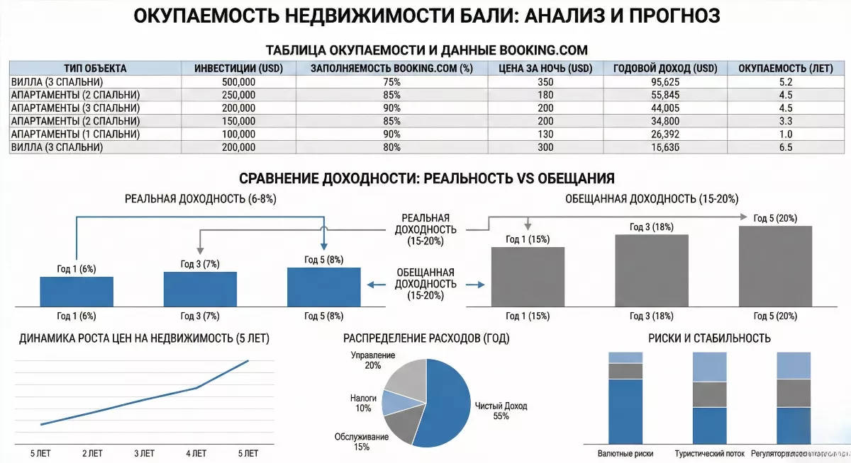 Инфографика таблицы окупаемости по реальным данным Booking для Бали