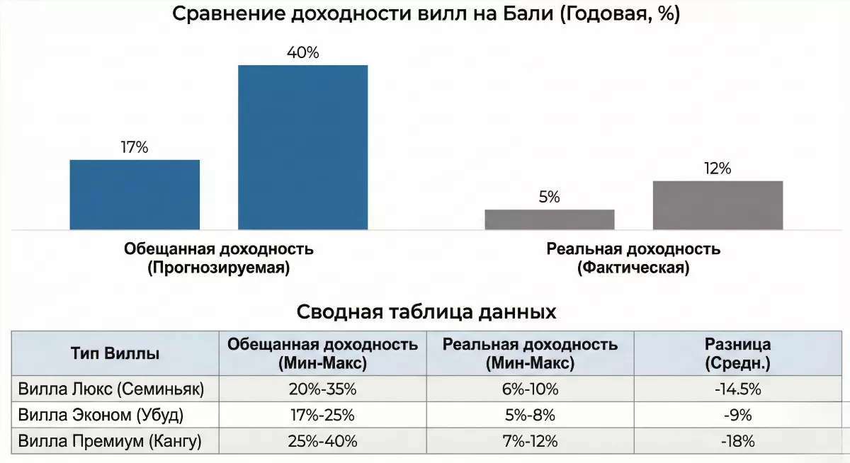 Инфографика реальной vs обещанной доходности инвестиций в недвижимость на Бали