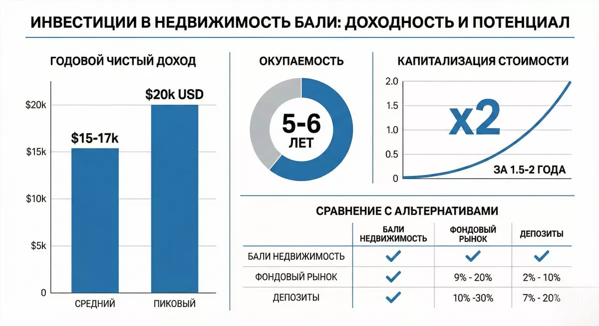 Бизнес-инфографика доходности апартаментов Авиатор в Чангу: 15–17 000 USD/год, окупаемость 5–6 лет, капитализация x2