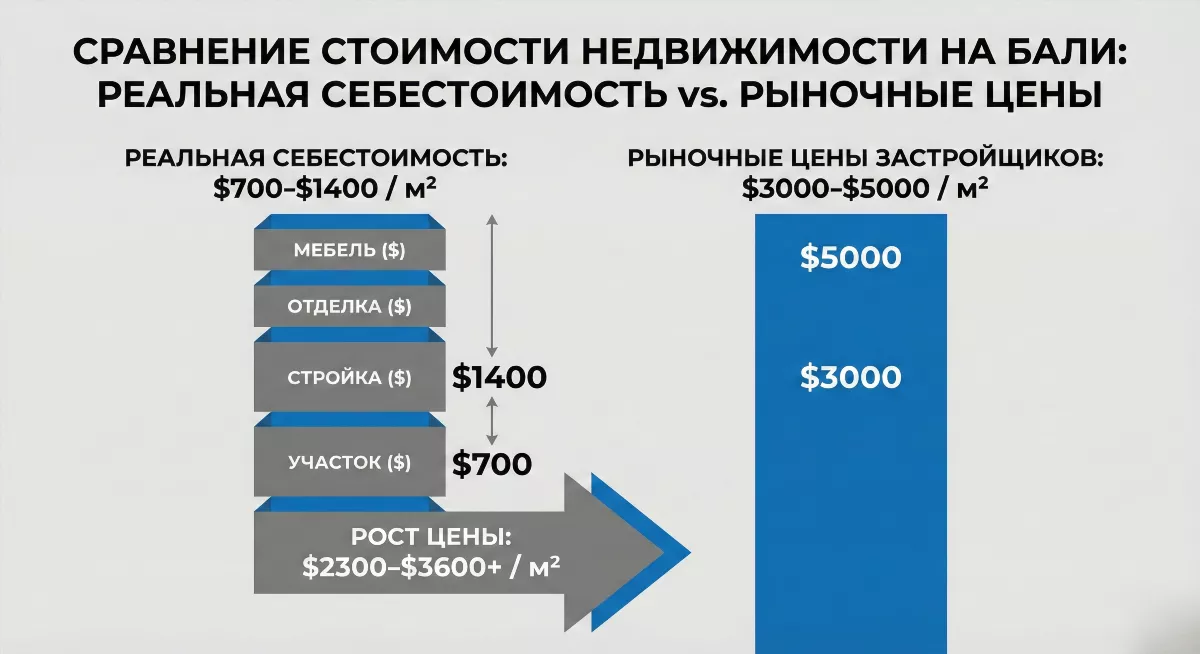 Инфографика сравнения себестоимости и завышенных цен на апартаменты Бали