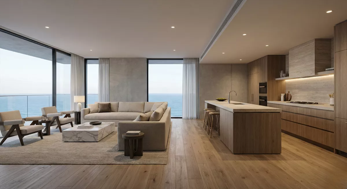 Интерьер просторной luxury апартаменты 80 м² в Чинггу, премиум отделка и виды на океан