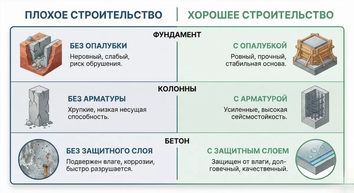 Инфографика типичных ошибок строительства вилл на Бали: фундамент, арматура, гидроизоляция