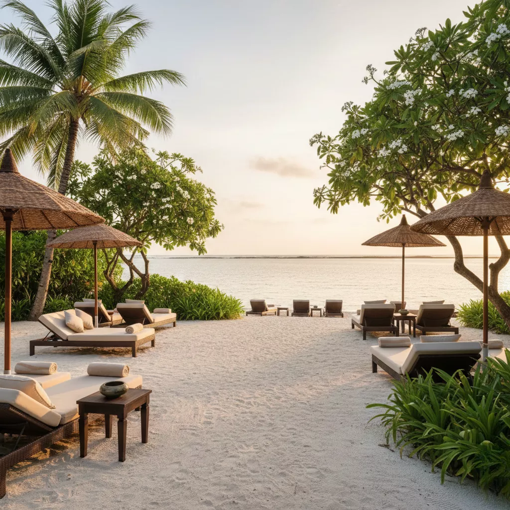 Приватный пляж резиденции Sanur Residence на Бали в люксовом стиле