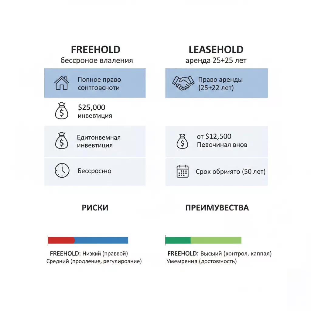 Инфографика сравнения Freehold и Leasehold для недвижимости на Бали