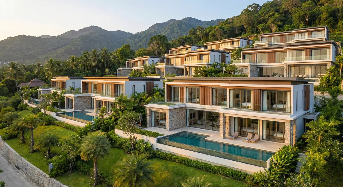Роскошный клубный комплекс Multi Family Villas в районе Чалонг на Пхукете: панорамный вид на виллы на возвышенности у подножия гор