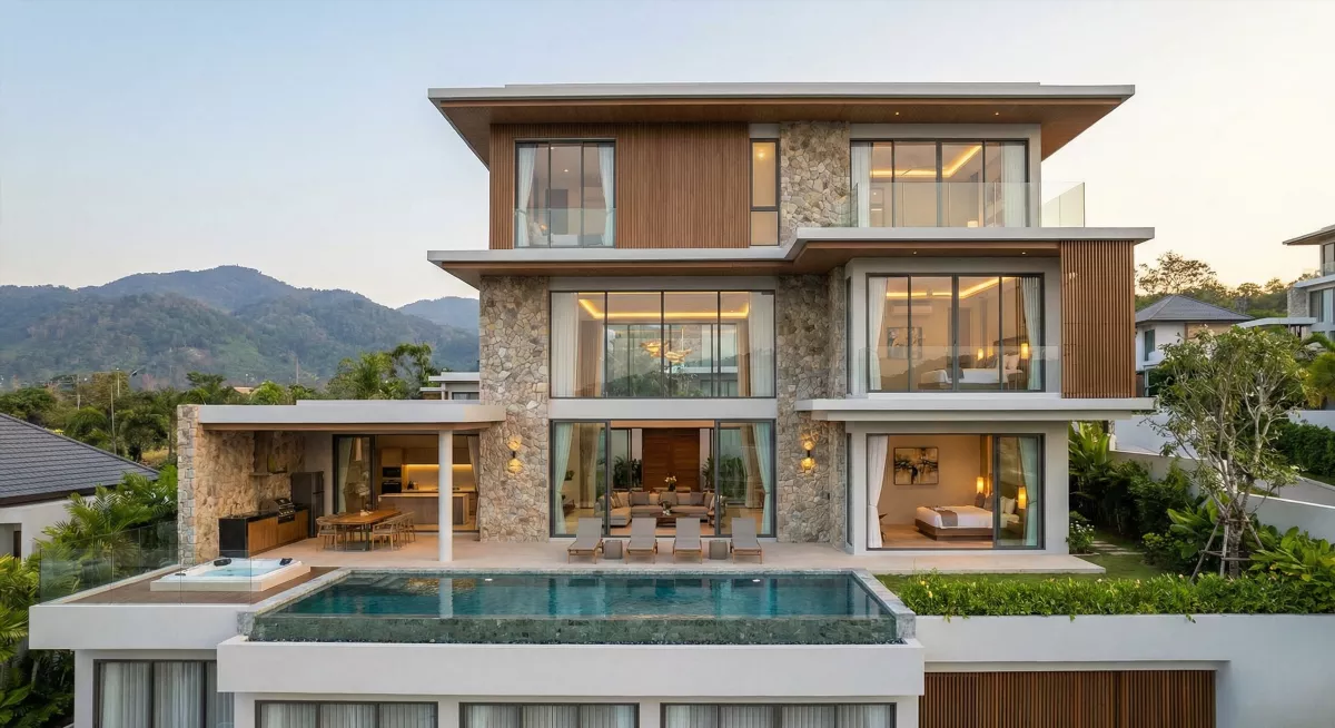Роскошная вилла Azure из комплекса Multi Family Villas в Чалонге: экстерьер с бассейном и видом на горы