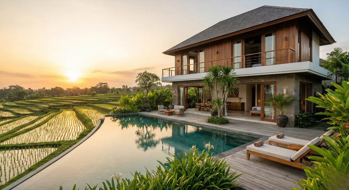 Элитная вилла Bali Hills в Чангу с панорамным видом на рисовые поля Бали, премиум-недвижимость в тропическом стиле