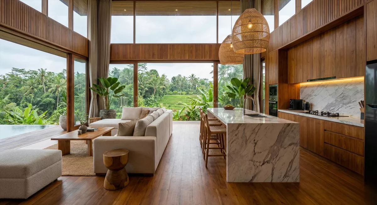 Интерьер премиум-виллы Bali Hills: гостиная с тиковым деревом и мрамором