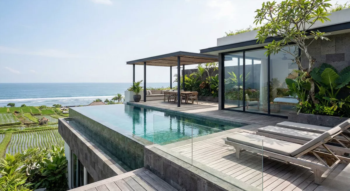 Вилла Pantai Lima Residence в Pererenan, Чангу: приватный бассейн и руфтоп с видом на океан