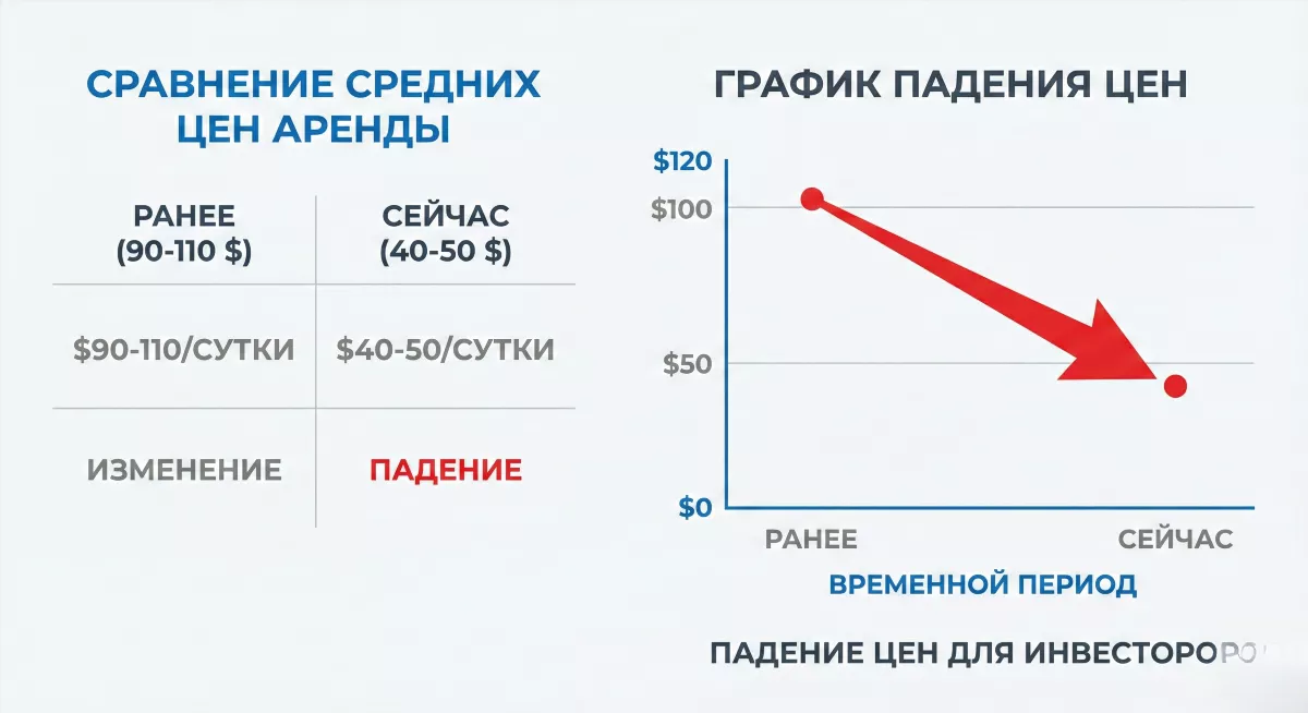 Инфографика падения цен на аренду апартаментов на Бали в стиле корпоративной презентации