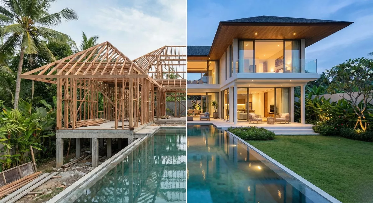 Экстерьер виллы на Бали в строительстве и готовой – luxury стиль