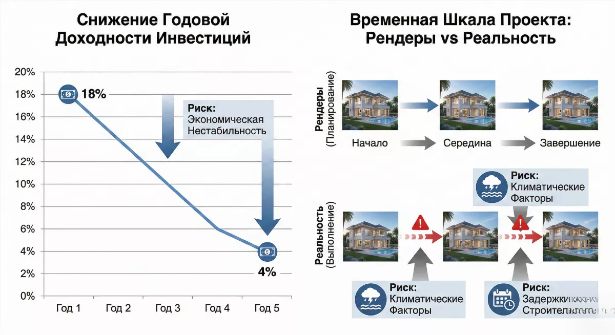 Бизнес-инфографика графика падения доходности инвестиций в недвижимость на Бали с 18% до 4%