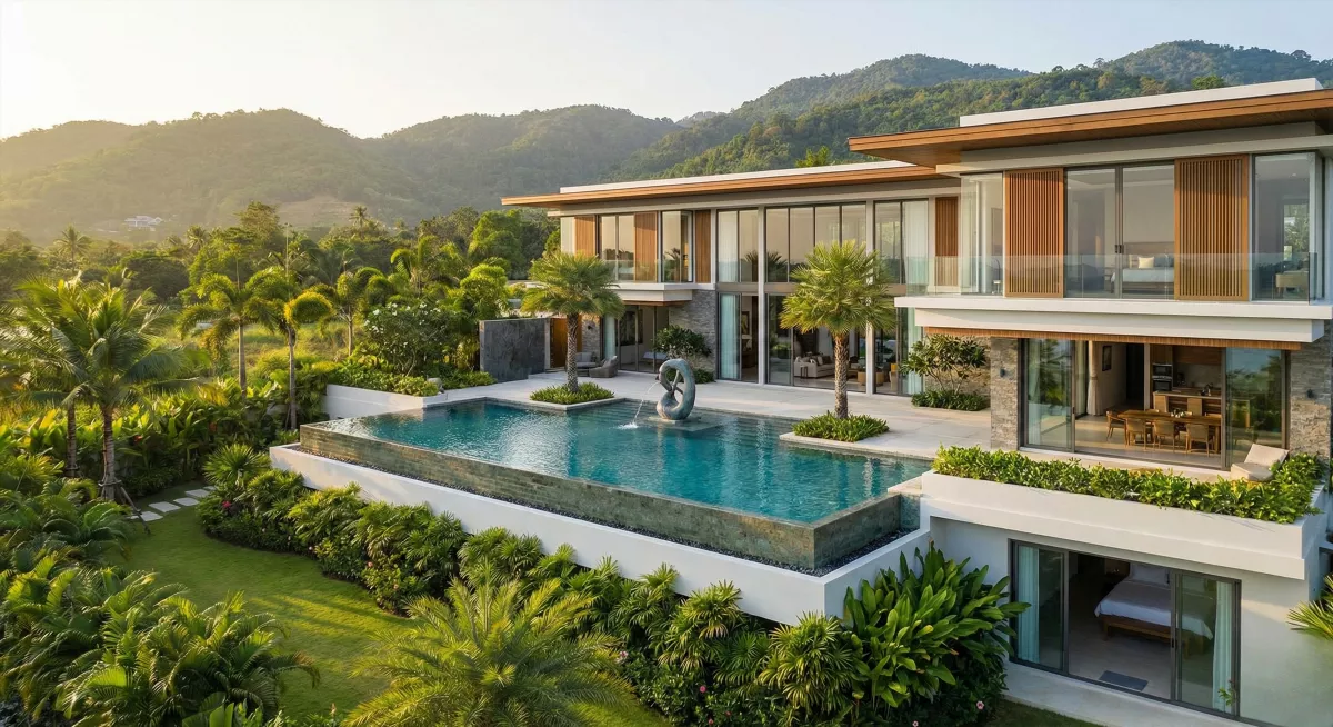 Роскошный экстерьер виллы LAN Lucky Villas в Kata на Пхукете: тропический сад, бассейн с фонтаном, современная архитектура, вид на холмы, премиум недвижимость в стиле luxury real estate photography, элегантное освещение, чистая композиция без людей