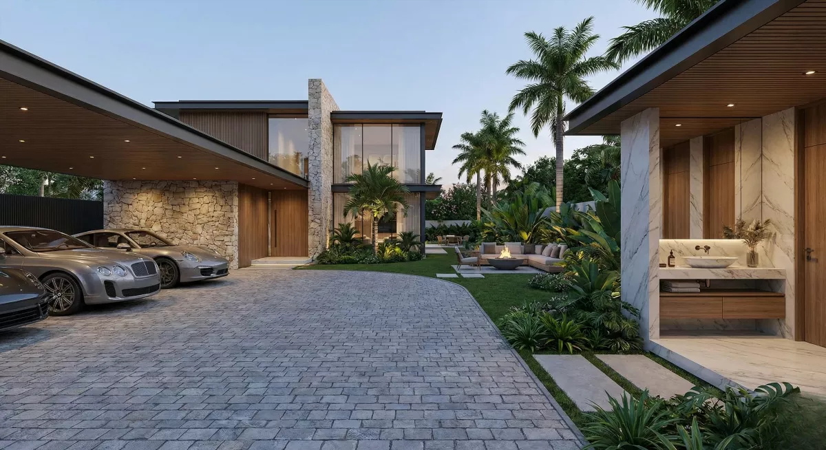 Входная группа и парковка вилл LAN Lucky Villas в Kata: просторная зона с садом