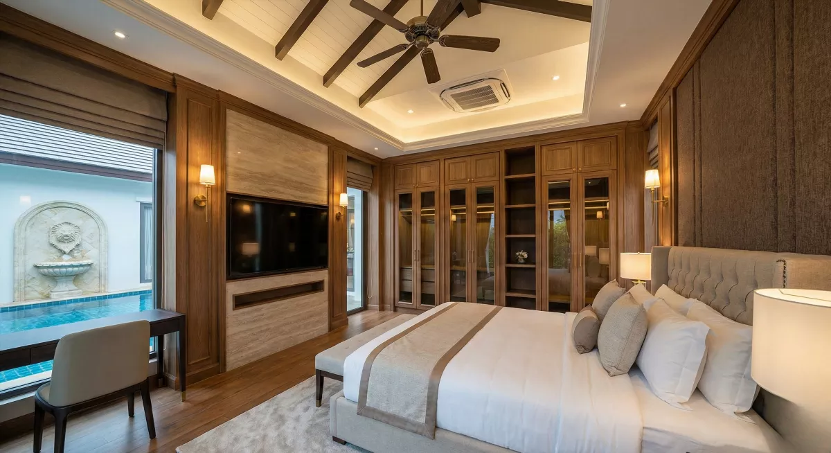 Хозяйская спальня в вилле LAN Lucky Villas Kata Пхукет: панорамный вид на бассейн, огромная кровать, премиум шкафы, luxury interior