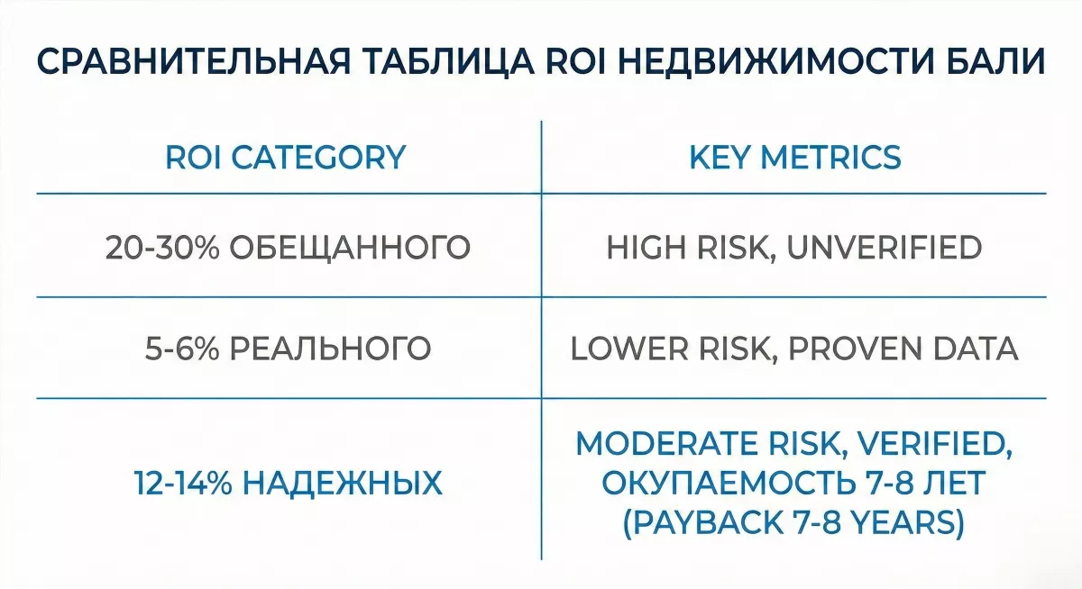 Инфографика сравнения ROI для инвестиций в недвижимость на Бали от надежных застройщиков
