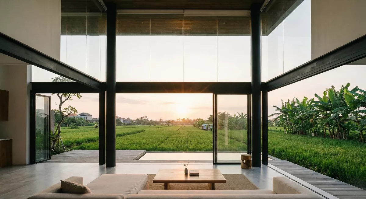 Роскошная Smart Villa в Чинггу Бали с панорамным видом на рисовые поля из панорамных окон