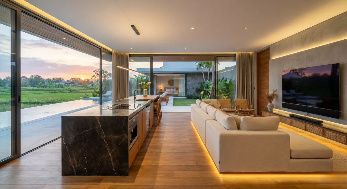 Интерьер кухни-гостиной Smart Villa Чинггу с умным освещением и панорамой