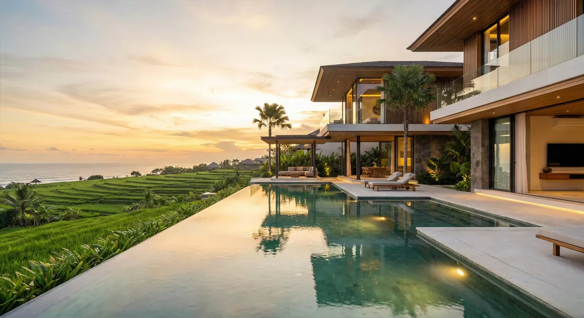 Роскошные виллы на Бали в стиле luxury real estate с инфинити-бассейном и видом на океан и рисовые поля