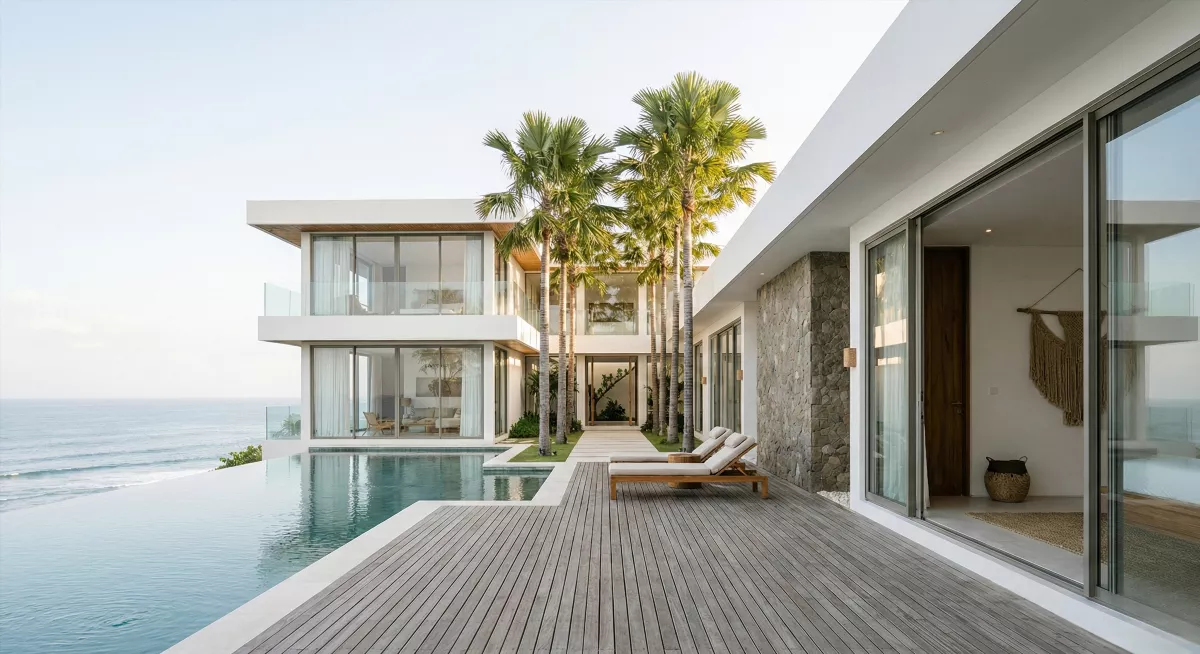 Прибрежная вилла на Бали: роскошный экстерьер с видом на океан, премиум недвижимость для инвестиций
